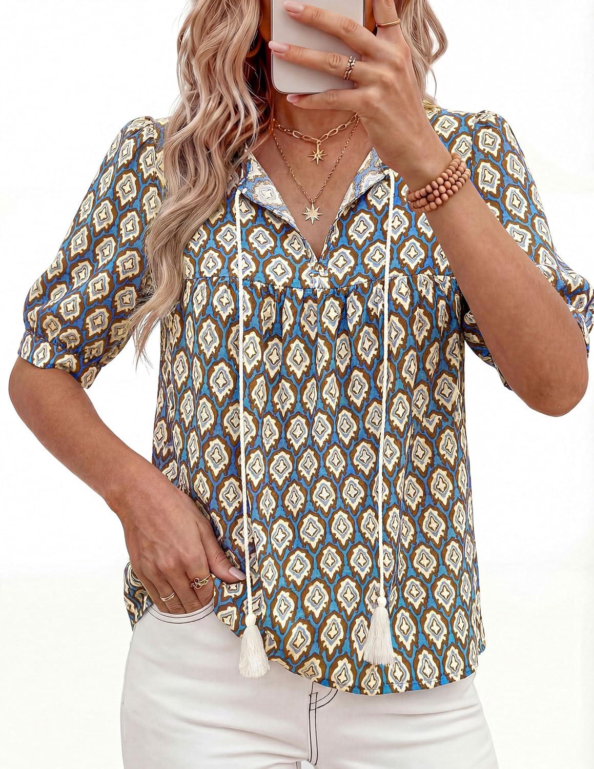 imagePRETTYGARDEN Womens Summer Boho Tops 2026 Tie Front V Neck Print Loose Fit Short Sleeve Peasant Blouses Vacation OutfitsBlue
