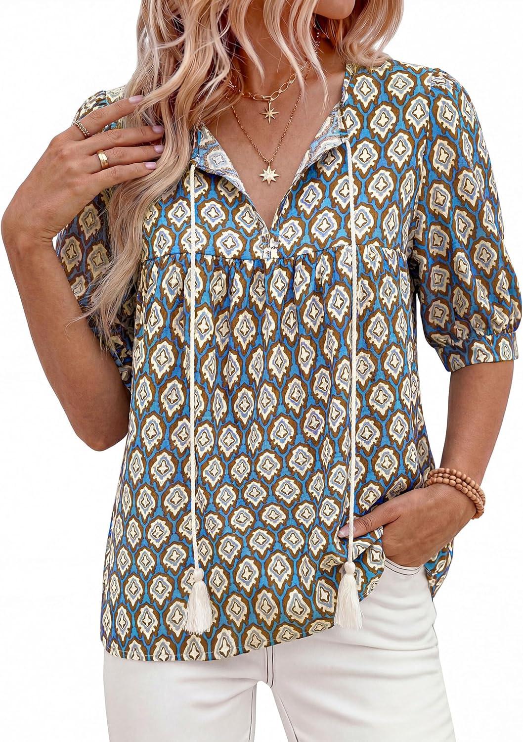 imagePRETTYGARDEN Womens Summer Boho Tops 2026 Tie Front V Neck Print Loose Fit Short Sleeve Peasant Blouses Vacation OutfitsBlue