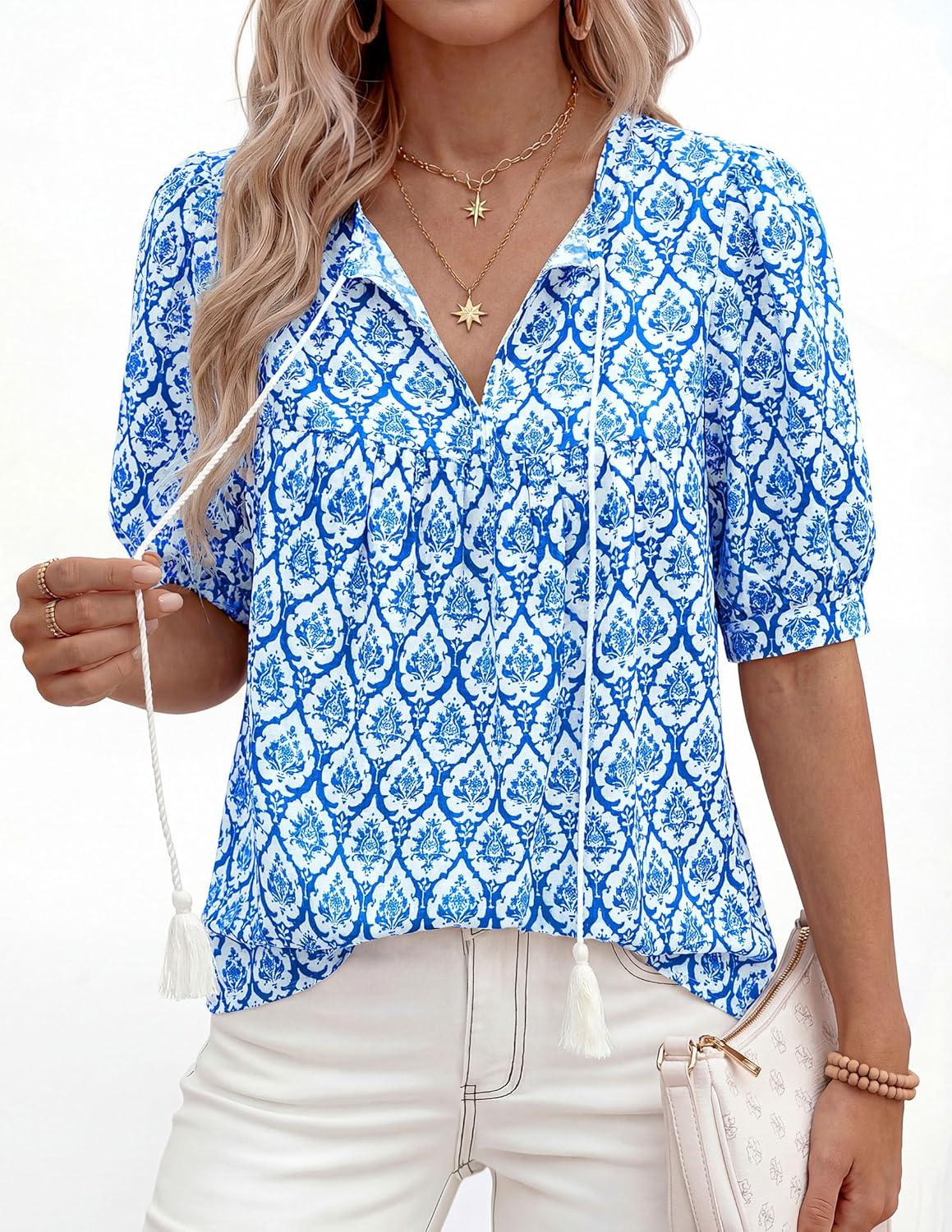 imagePRETTYGARDEN Womens Summer Boho Tops 2026 Tie Front V Neck Print Loose Fit Short Sleeve Peasant Blouses Vacation OutfitsFloral Blue