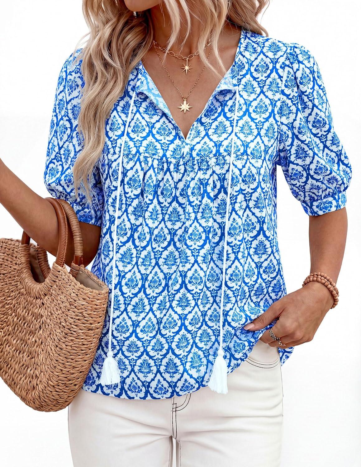 imagePRETTYGARDEN Womens Summer Boho Tops 2026 Tie Front V Neck Print Loose Fit Short Sleeve Peasant Blouses Vacation OutfitsFloral Blue