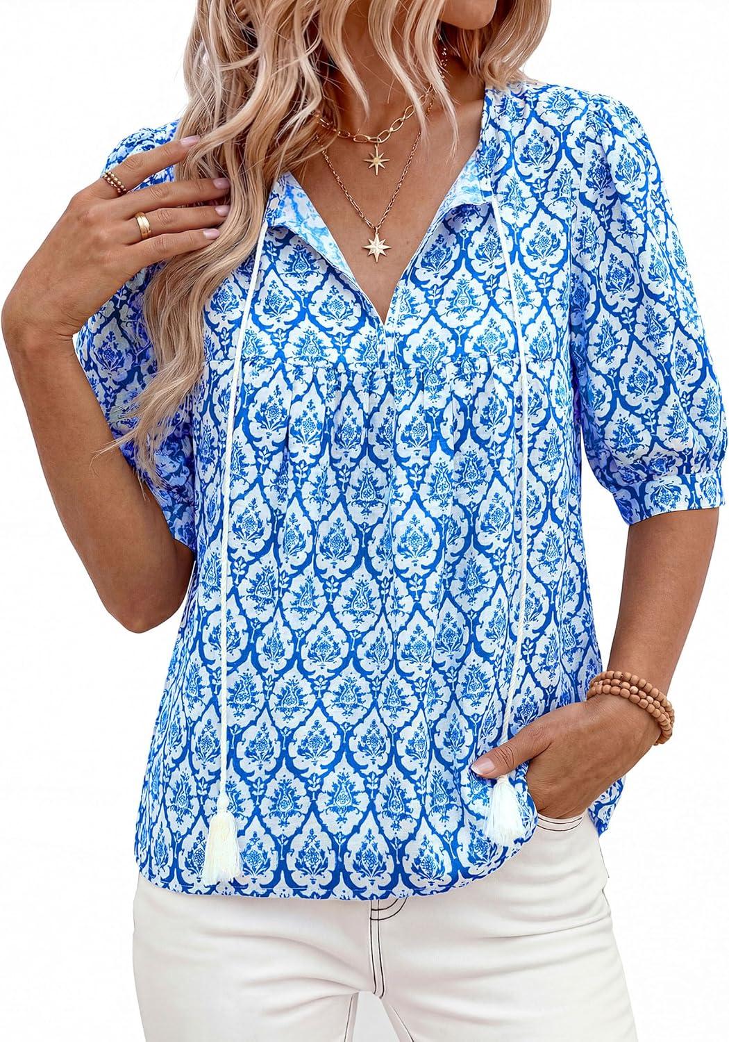 imagePRETTYGARDEN Womens Summer Boho Tops 2026 Tie Front V Neck Print Loose Fit Short Sleeve Peasant Blouses Vacation OutfitsFloral Blue