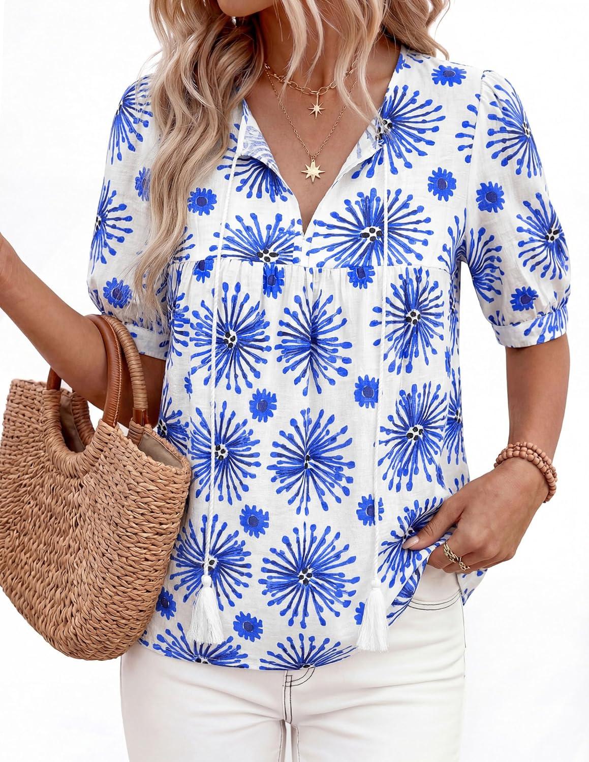 imagePRETTYGARDEN Womens Summer Boho Tops 2026 Tie Front V Neck Print Loose Fit Short Sleeve Peasant Blouses Vacation OutfitsFloral White Blue
