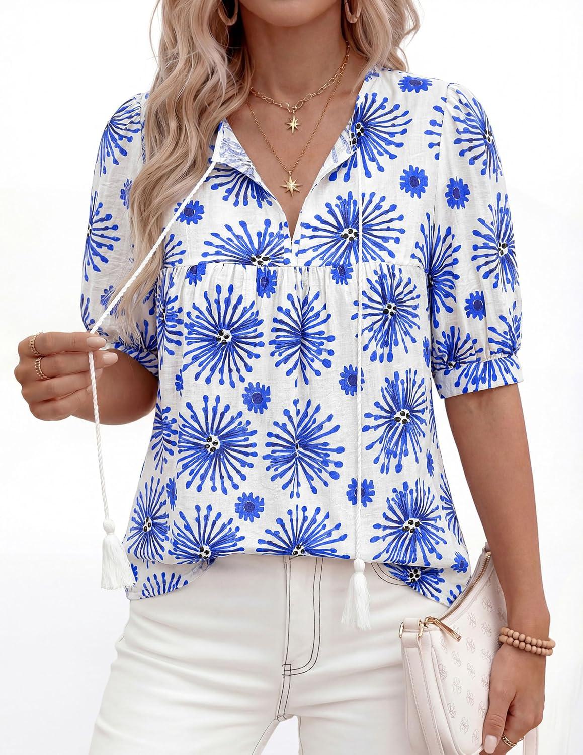imagePRETTYGARDEN Womens Summer Boho Tops 2026 Tie Front V Neck Print Loose Fit Short Sleeve Peasant Blouses Vacation OutfitsFloral White Blue