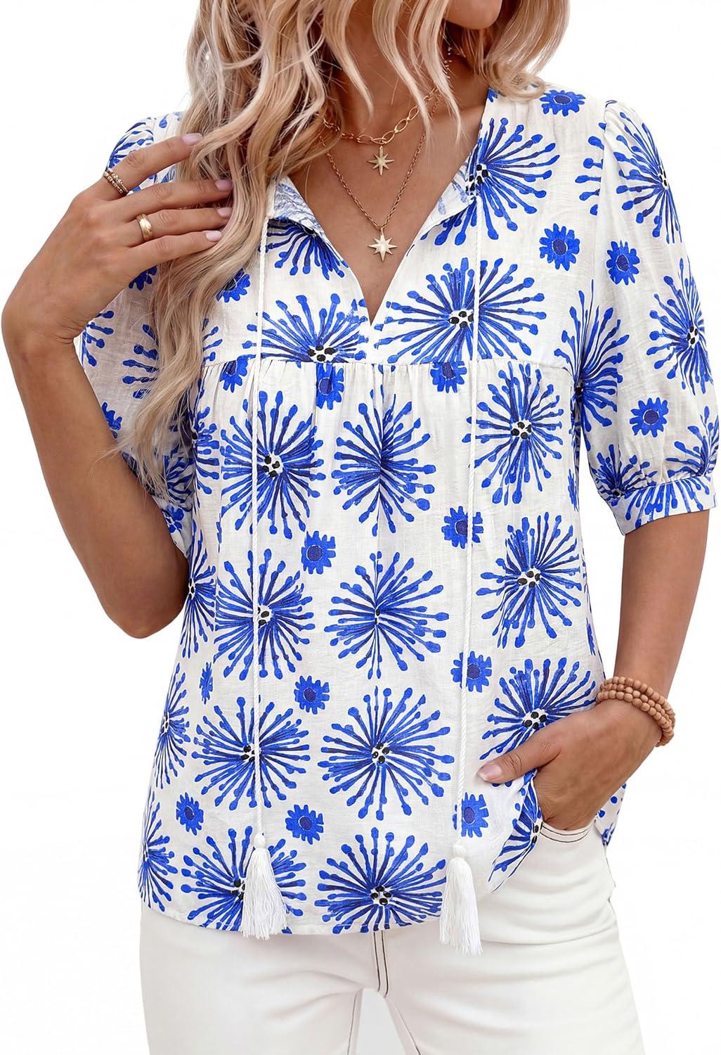 imagePRETTYGARDEN Womens Summer Boho Tops 2026 Tie Front V Neck Print Loose Fit Short Sleeve Peasant Blouses Vacation OutfitsFloral White Blue