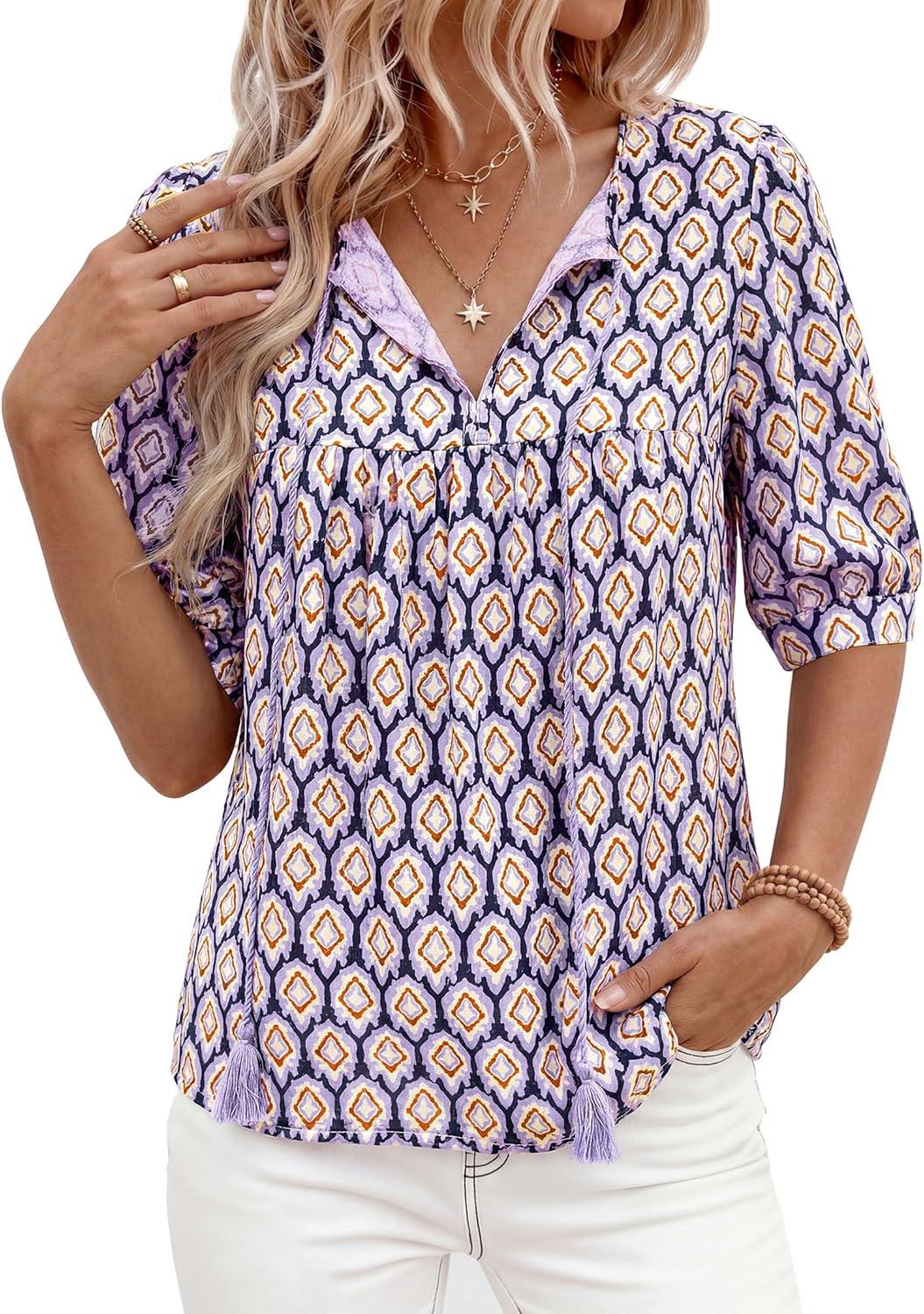 imagePRETTYGARDEN Womens Summer Boho Tops 2026 Tie Front V Neck Print Loose Fit Short Sleeve Peasant Blouses Vacation OutfitsPurple
