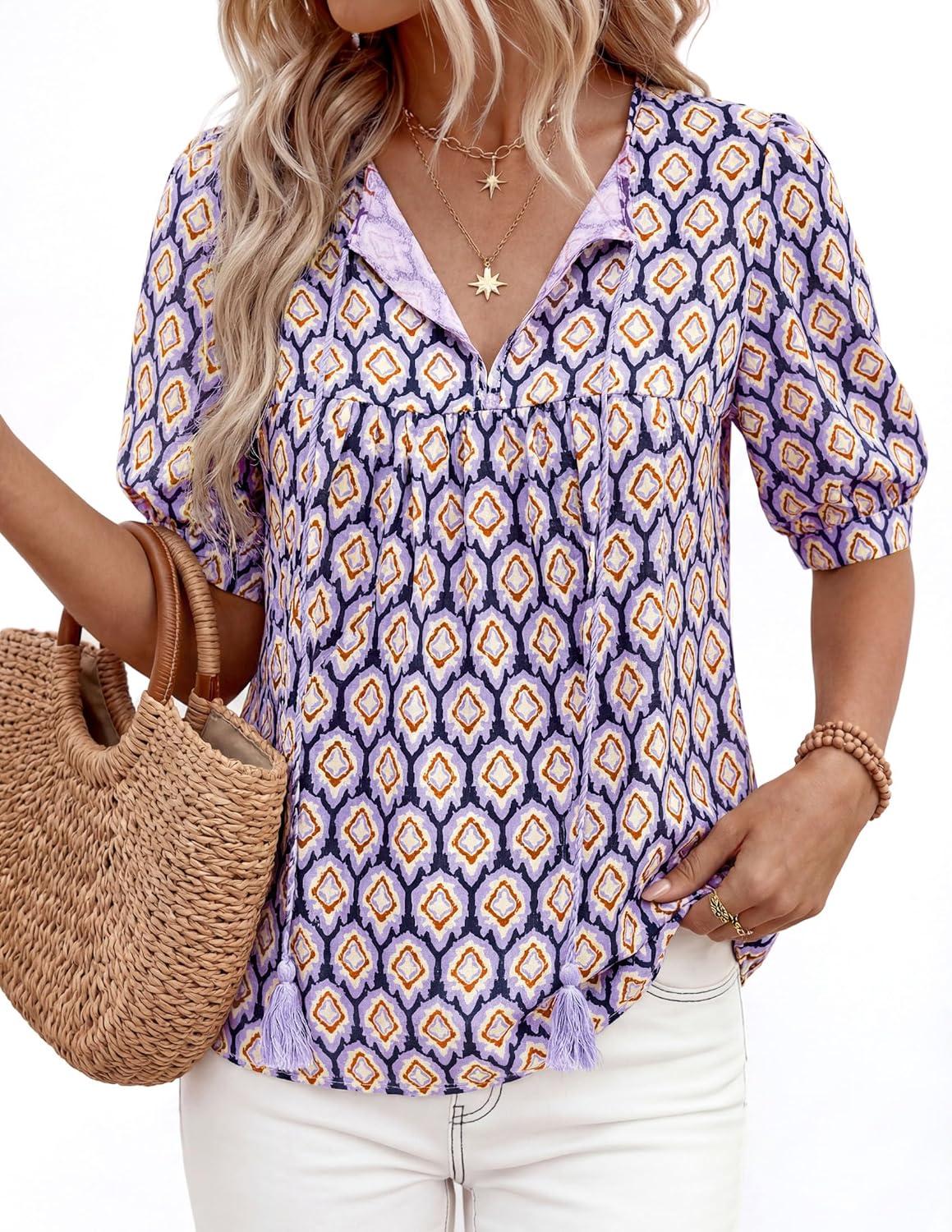 imagePRETTYGARDEN Womens Summer Boho Tops 2026 Tie Front V Neck Print Loose Fit Short Sleeve Peasant Blouses Vacation OutfitsPurple