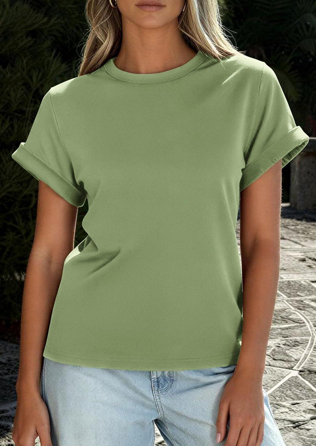imagePRETTYGARDEN Womens Summer Tops 2026 Spring Casual Rolled Short Sleeve Basic Tees Crew Neck Work Shirts Fashion ClothingGrey Green