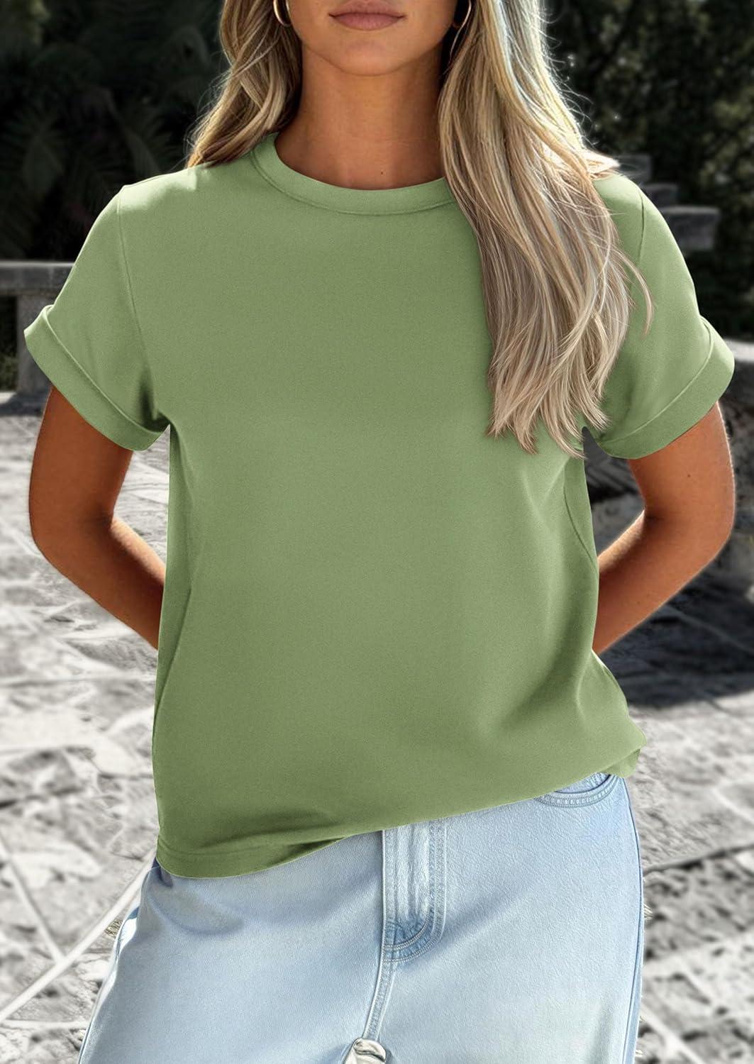 imagePRETTYGARDEN Womens Summer Tops 2026 Spring Casual Rolled Short Sleeve Basic Tees Crew Neck Work Shirts Fashion ClothingGrey Green