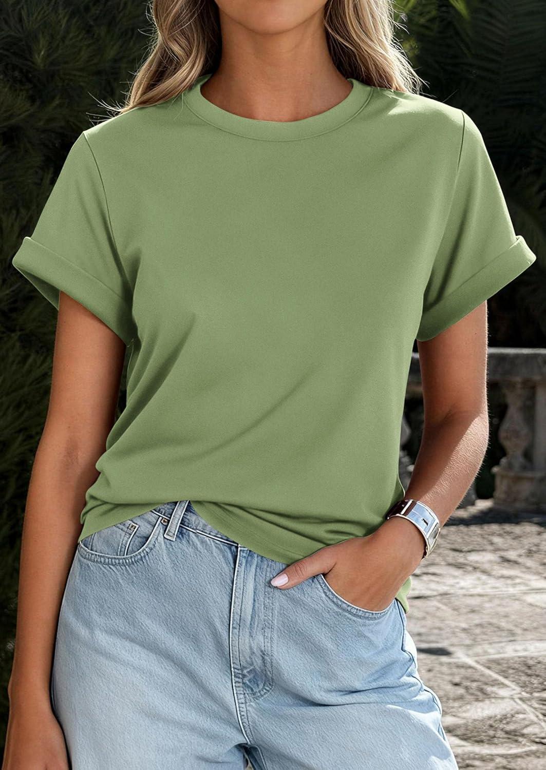 imagePRETTYGARDEN Womens Summer Tops 2026 Spring Casual Rolled Short Sleeve Basic Tees Crew Neck Work Shirts Fashion ClothingGrey Green