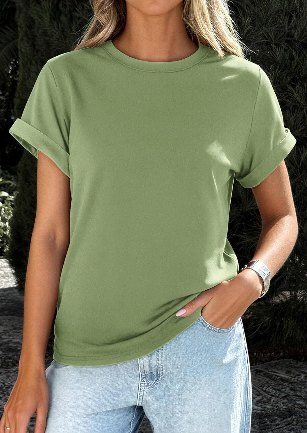 imagePRETTYGARDEN Womens Summer Tops 2026 Spring Casual Rolled Short Sleeve Basic Tees Crew Neck Work Shirts Fashion ClothingGrey Green
