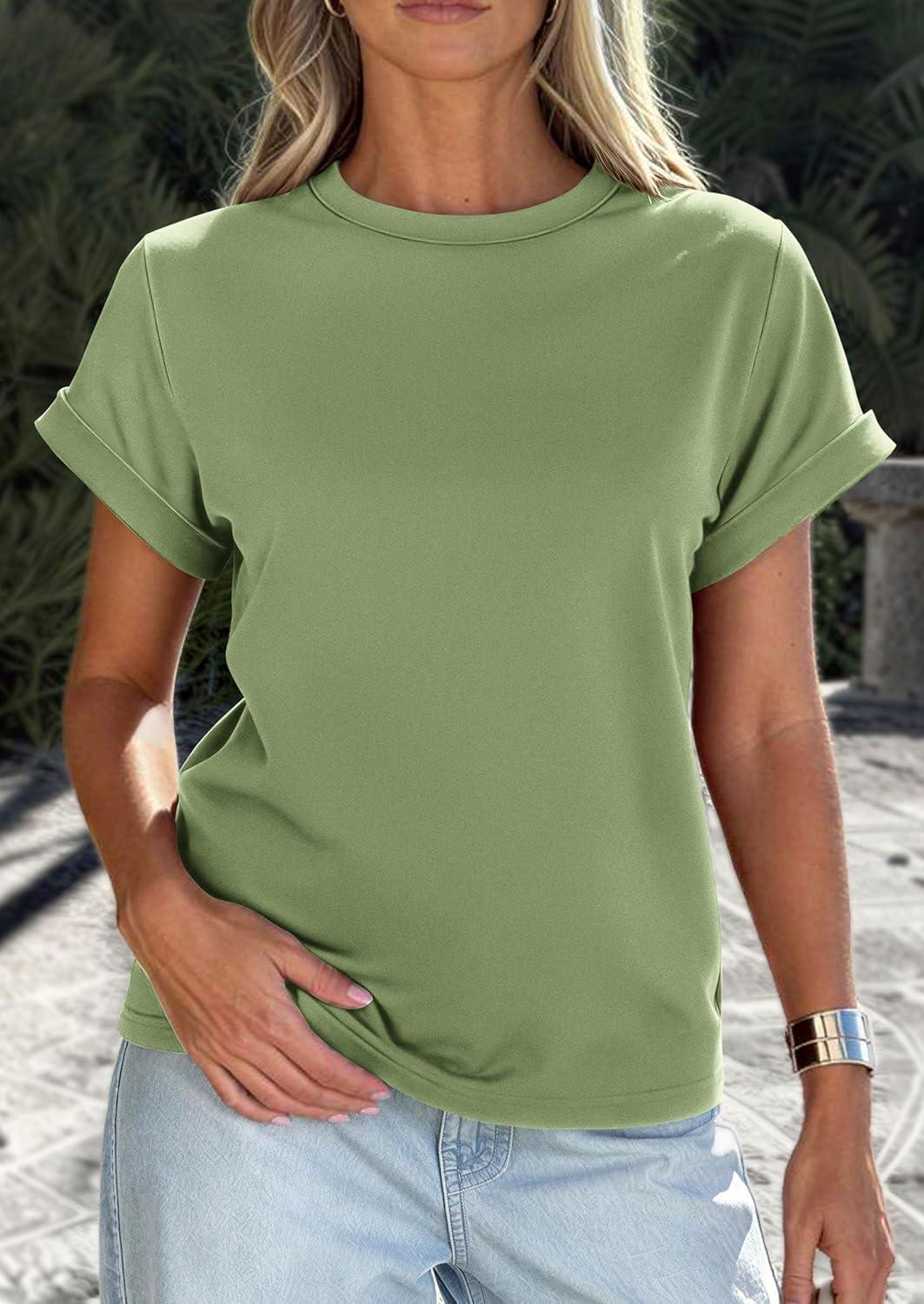 imagePRETTYGARDEN Womens Summer Tops 2026 Spring Casual Rolled Short Sleeve Basic Tees Crew Neck Work Shirts Fashion ClothingGrey Green