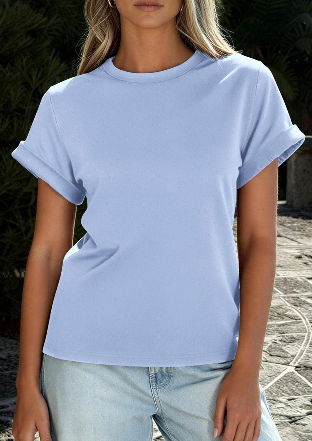 imagePRETTYGARDEN Womens Summer Tops 2026 Spring Casual Rolled Short Sleeve Basic Tees Crew Neck Work Shirts Fashion ClothingLight Blue