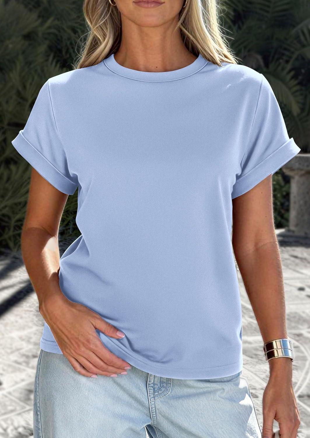 imagePRETTYGARDEN Womens Summer Tops 2026 Spring Casual Rolled Short Sleeve Basic Tees Crew Neck Work Shirts Fashion ClothingLight Blue