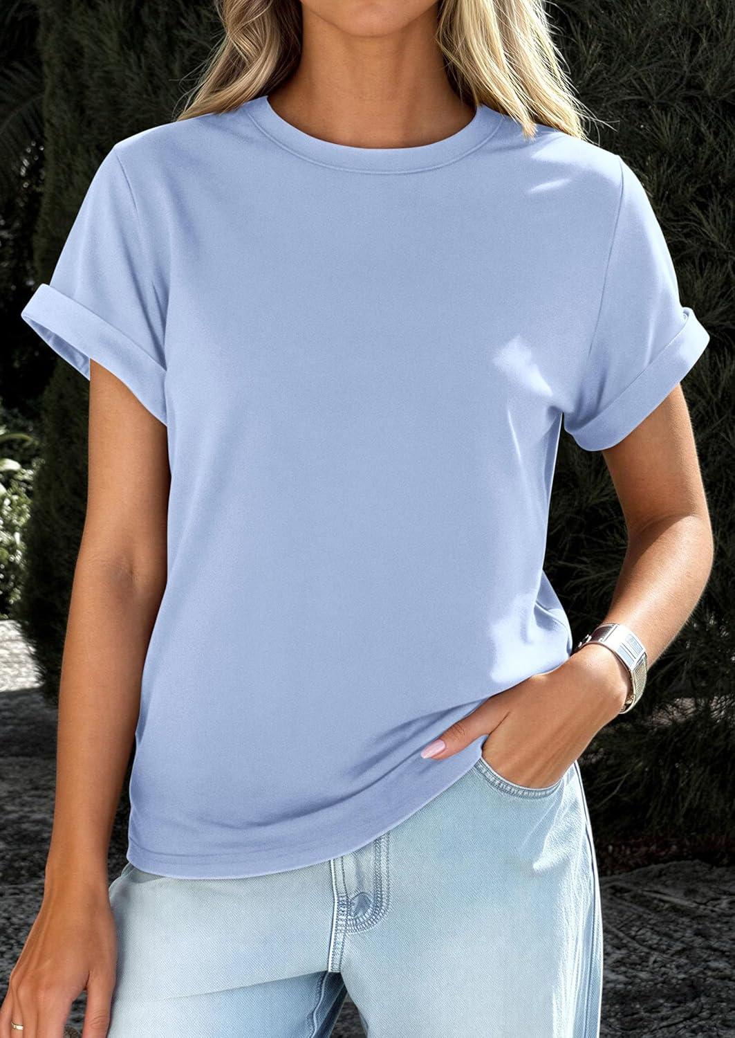 imagePRETTYGARDEN Womens Summer Tops 2026 Spring Casual Rolled Short Sleeve Basic Tees Crew Neck Work Shirts Fashion ClothingLight Blue