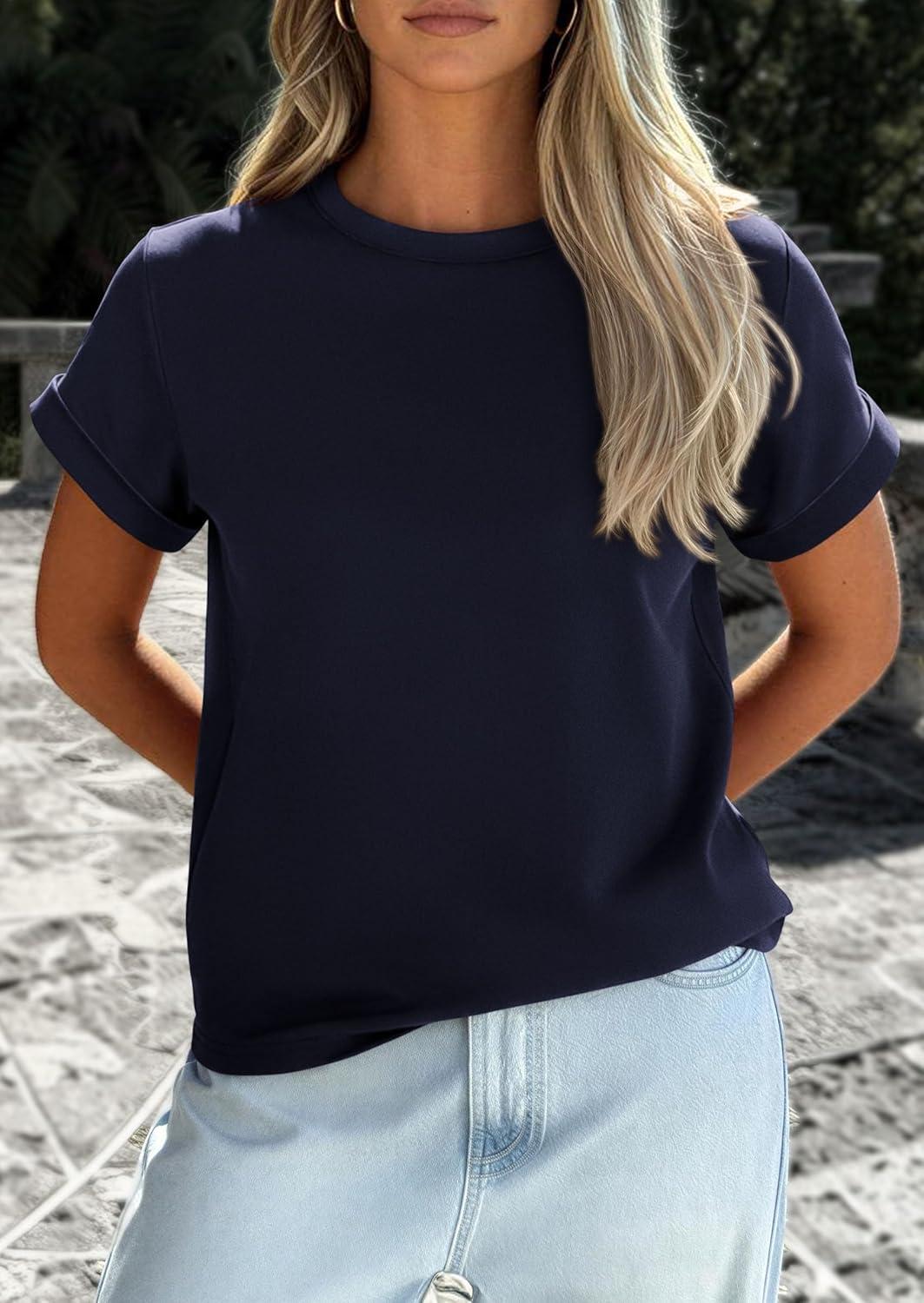 imagePRETTYGARDEN Womens Summer Tops 2026 Spring Casual Rolled Short Sleeve Basic Tees Crew Neck Work Shirts Fashion ClothingNavy Blue