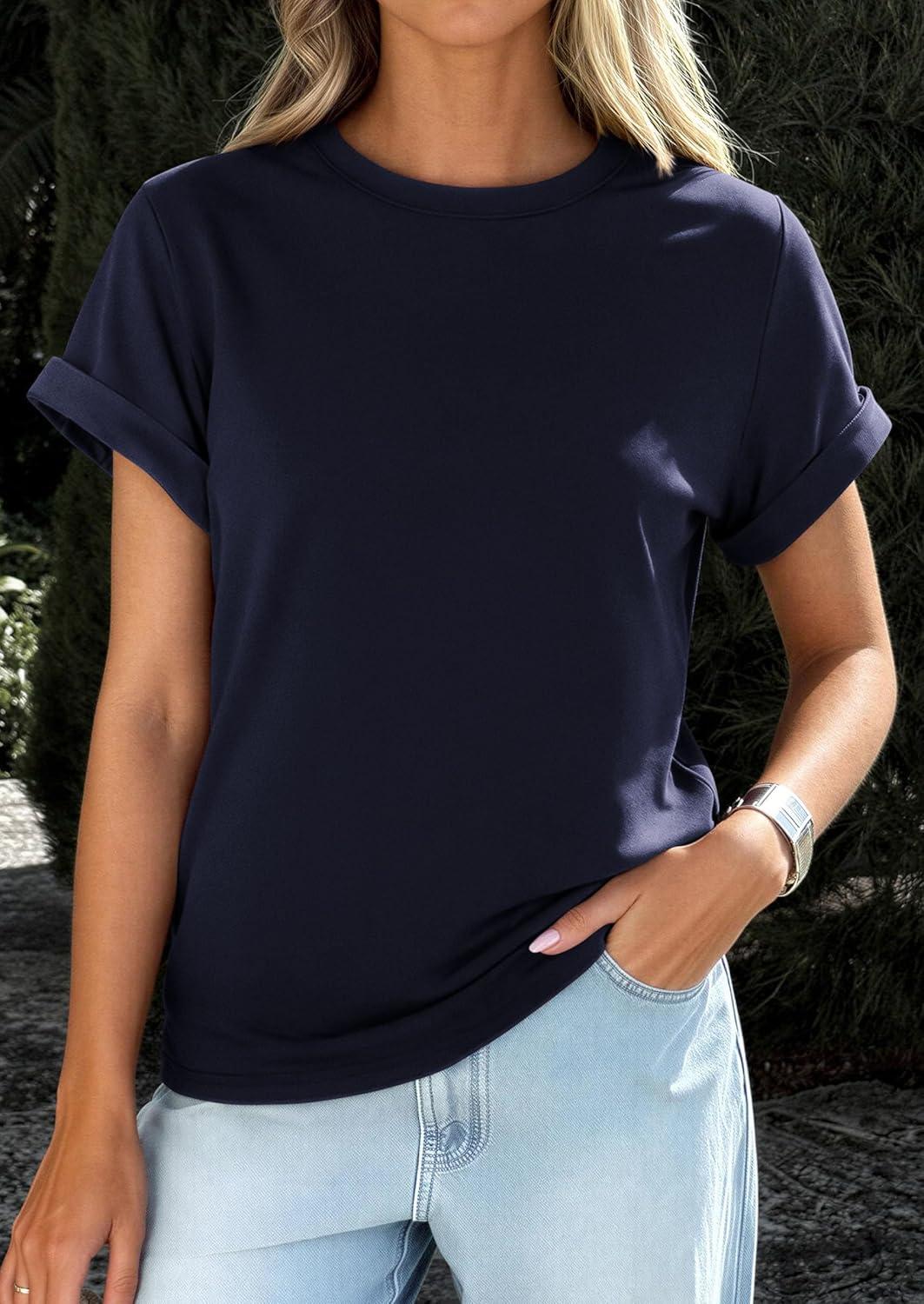 imagePRETTYGARDEN Womens Summer Tops 2026 Spring Casual Rolled Short Sleeve Basic Tees Crew Neck Work Shirts Fashion ClothingNavy Blue
