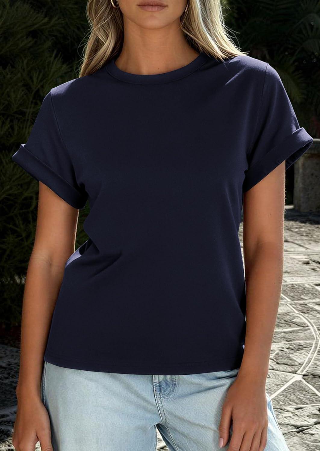 imagePRETTYGARDEN Womens Summer Tops 2026 Spring Casual Rolled Short Sleeve Basic Tees Crew Neck Work Shirts Fashion ClothingNavy Blue