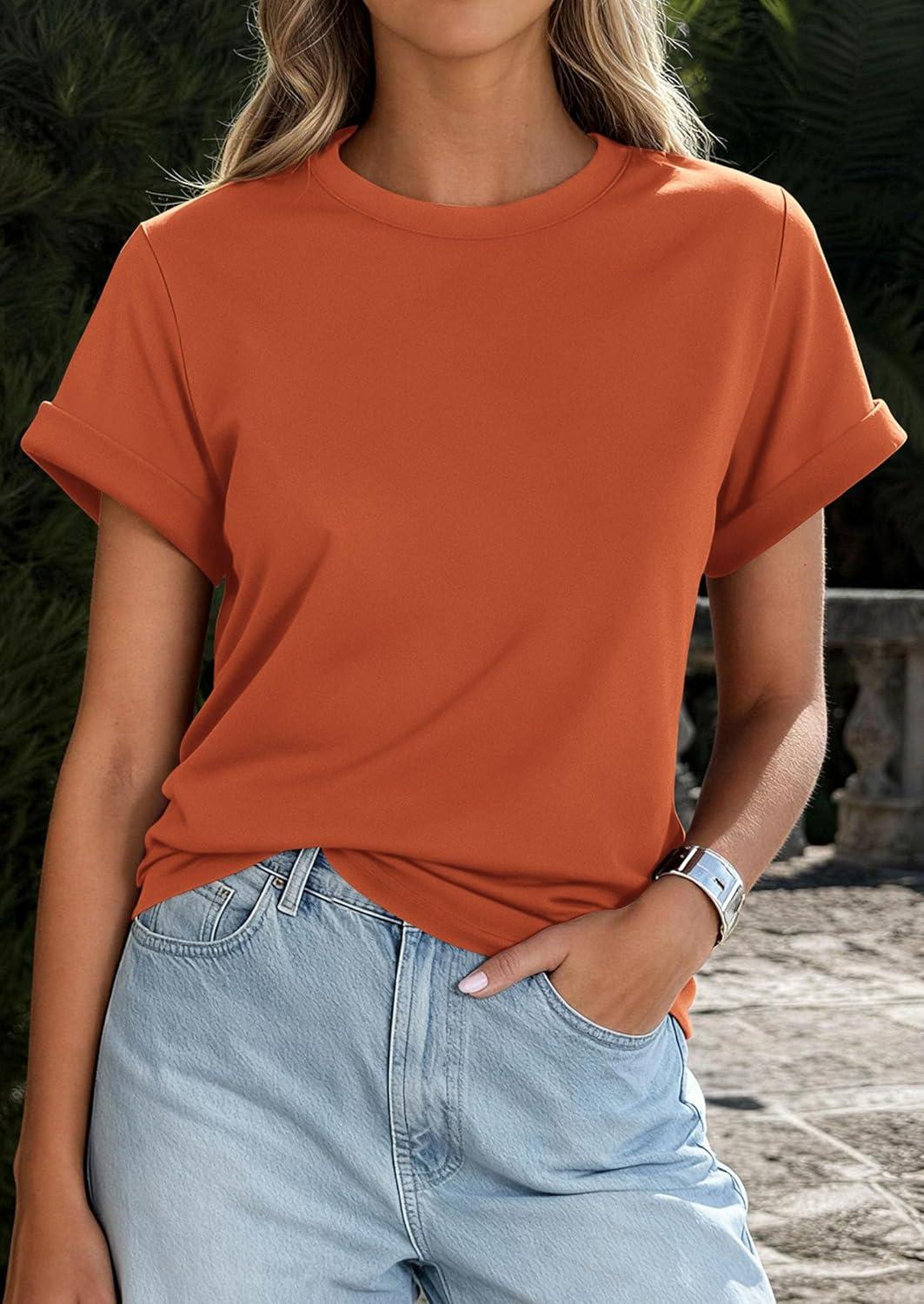 imagePRETTYGARDEN Womens Summer Tops 2026 Spring Casual Rolled Short Sleeve Basic Tees Crew Neck Work Shirts Fashion ClothingRust Red