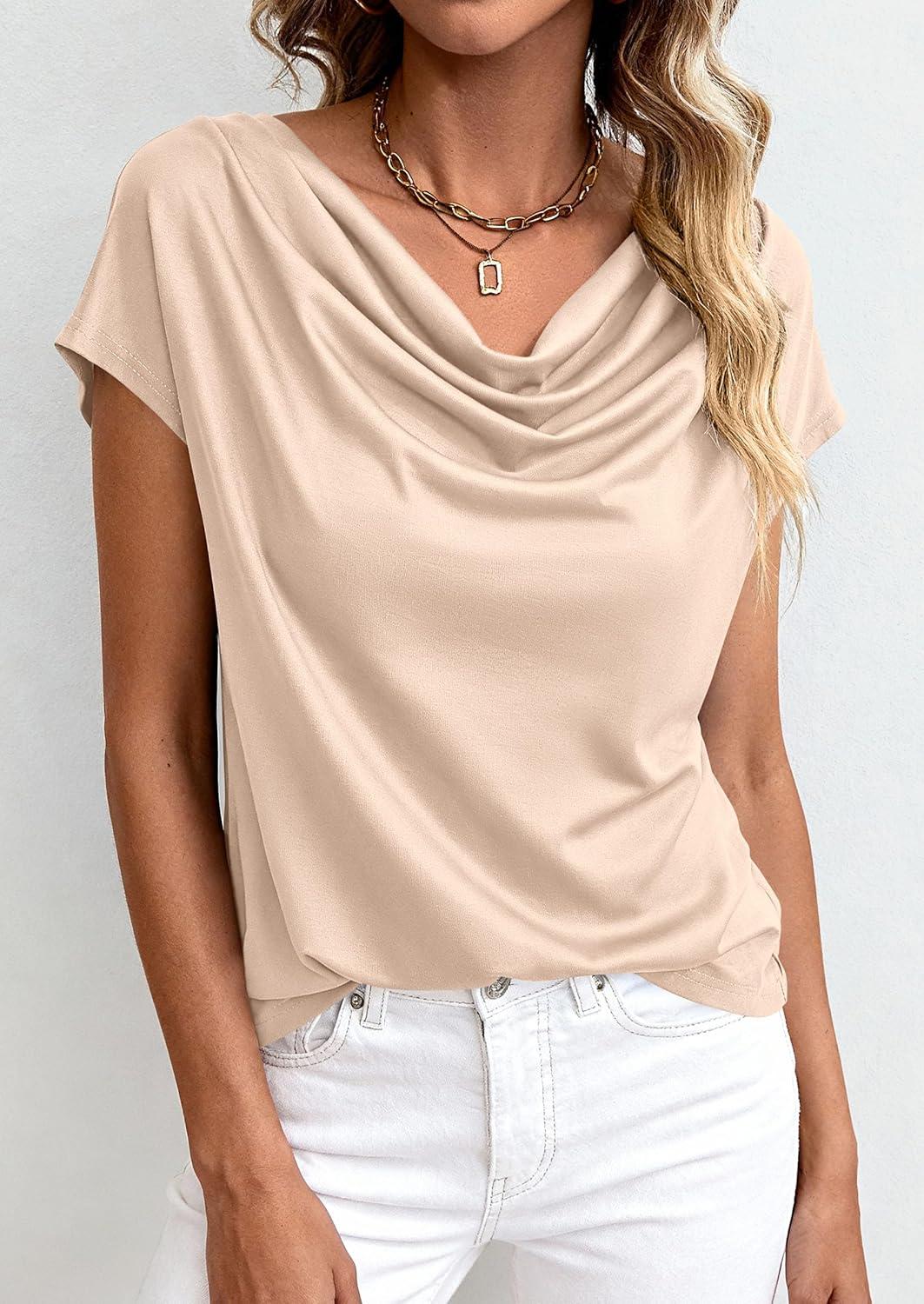 imagePRETTYGARDEN Womens Tops Dressy Casual Clothing 2026 Summer Cowl Neck Short Sleeve Blouses Spring Business Work Office ShirtsApricot