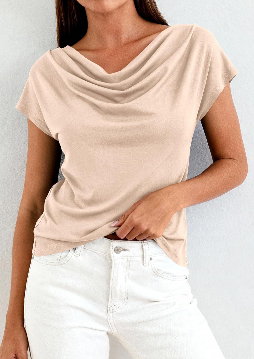 imagePRETTYGARDEN Womens Tops Dressy Casual Clothing 2026 Summer Cowl Neck Short Sleeve Blouses Spring Business Work Office ShirtsApricot