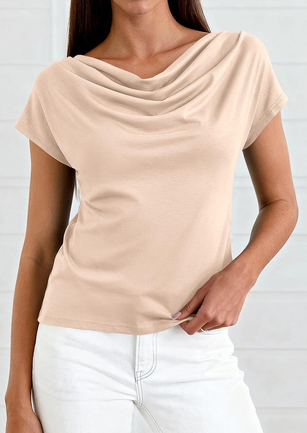 imagePRETTYGARDEN Womens Tops Dressy Casual Clothing 2026 Summer Cowl Neck Short Sleeve Blouses Spring Business Work Office ShirtsApricot