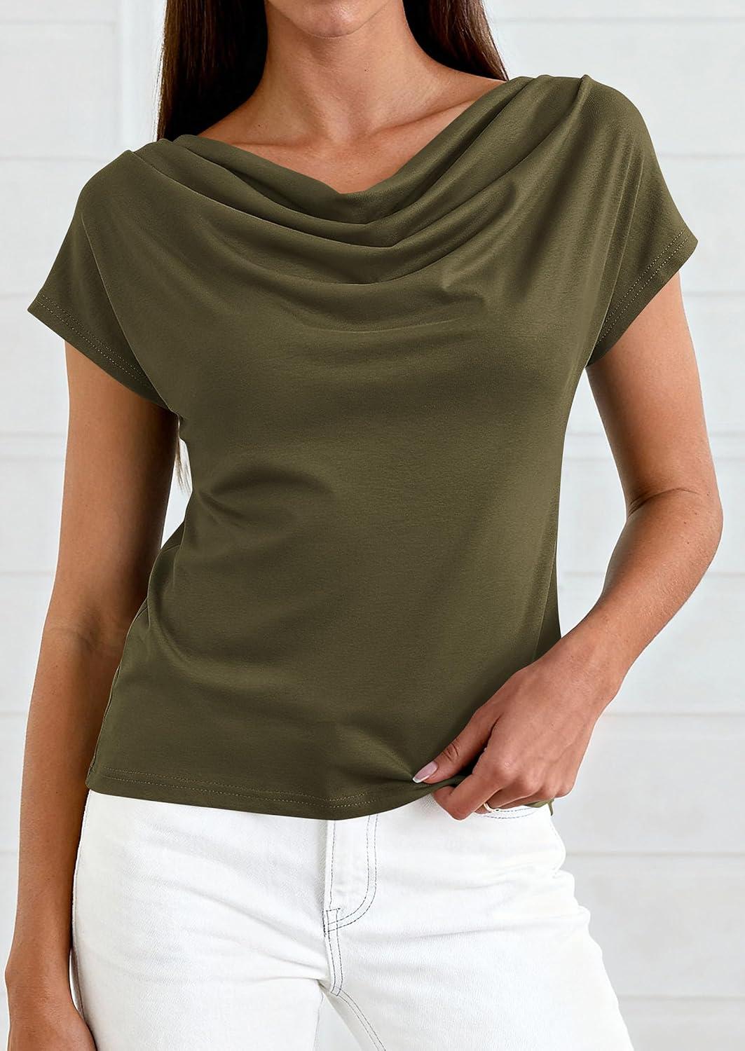 imagePRETTYGARDEN Womens Tops Dressy Casual Clothing 2026 Summer Cowl Neck Short Sleeve Blouses Spring Business Work Office ShirtsArmy Green