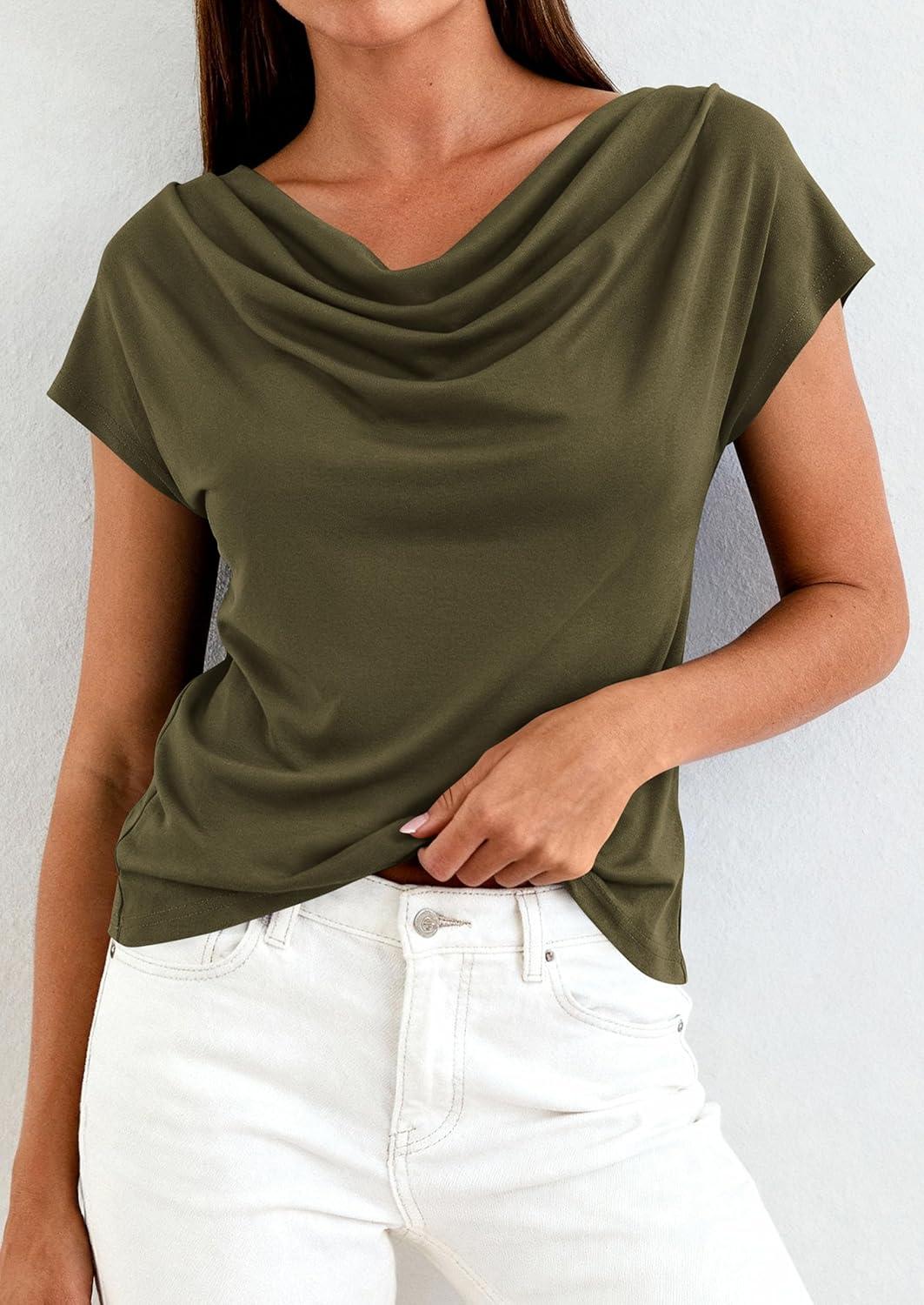 imagePRETTYGARDEN Womens Tops Dressy Casual Clothing 2026 Summer Cowl Neck Short Sleeve Blouses Spring Business Work Office ShirtsArmy Green