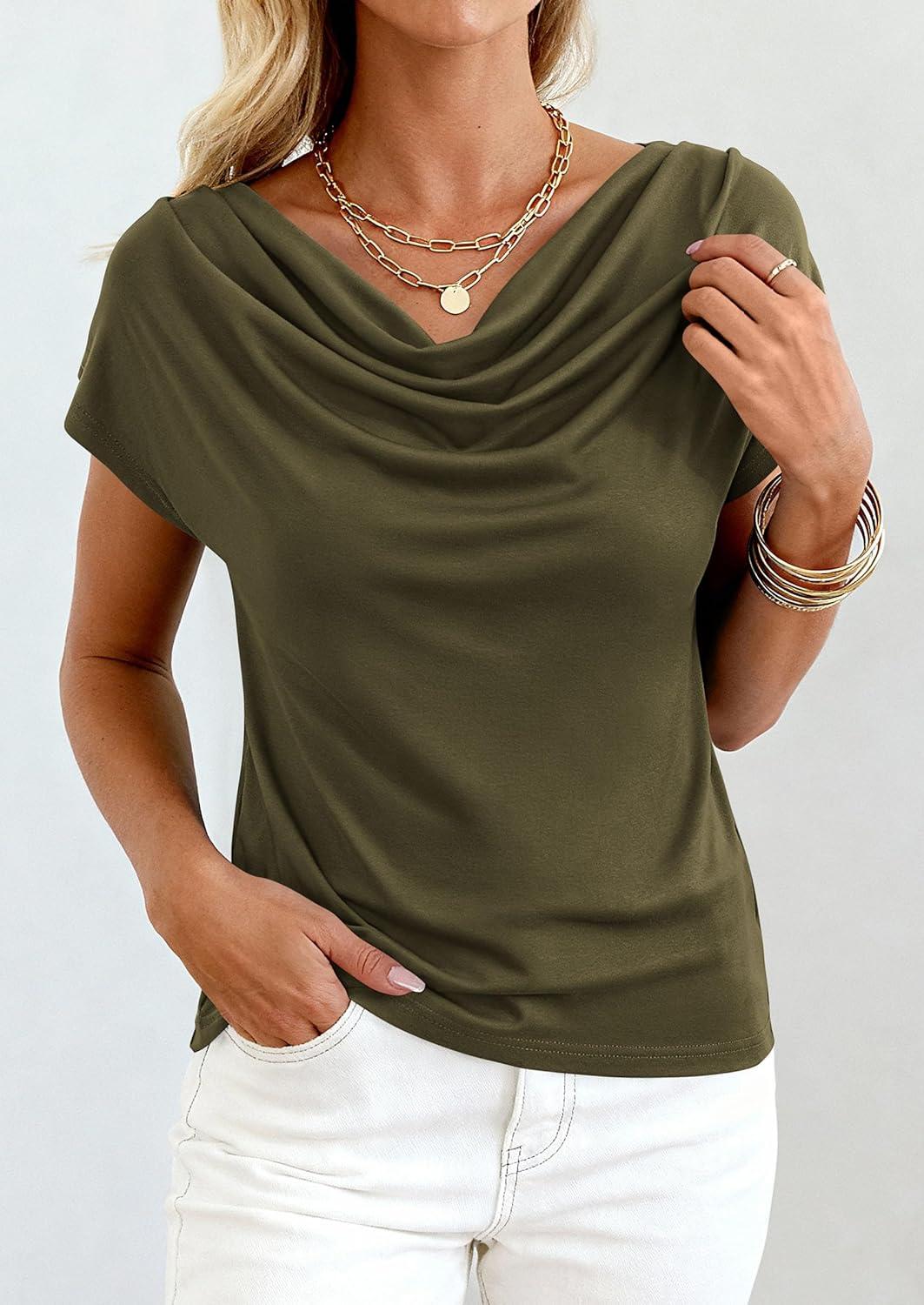 imagePRETTYGARDEN Womens Tops Dressy Casual Clothing 2026 Summer Cowl Neck Short Sleeve Blouses Spring Business Work Office ShirtsArmy Green