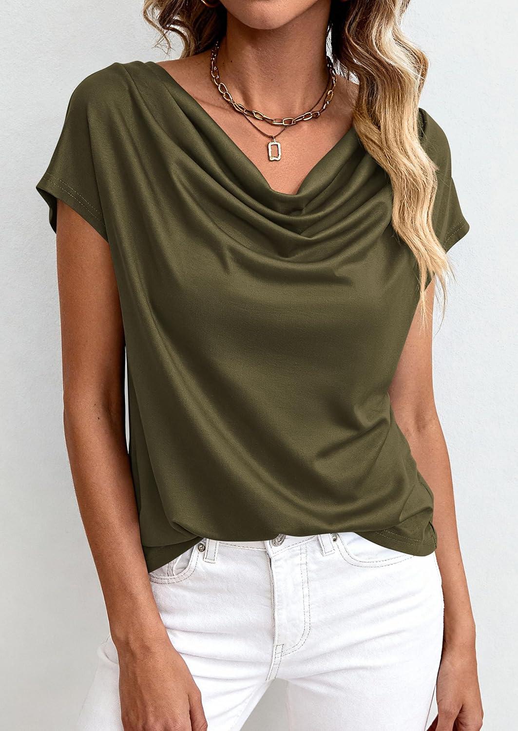 imagePRETTYGARDEN Womens Tops Dressy Casual Clothing 2026 Summer Cowl Neck Short Sleeve Blouses Spring Business Work Office ShirtsArmy Green