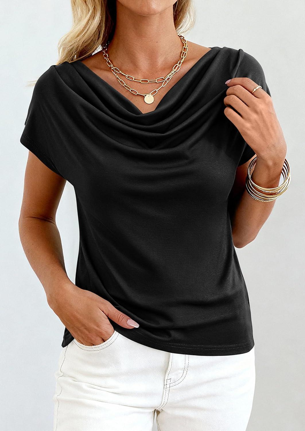 imagePRETTYGARDEN Womens Tops Dressy Casual Clothing 2026 Summer Cowl Neck Short Sleeve Blouses Spring Business Work Office ShirtsBlack