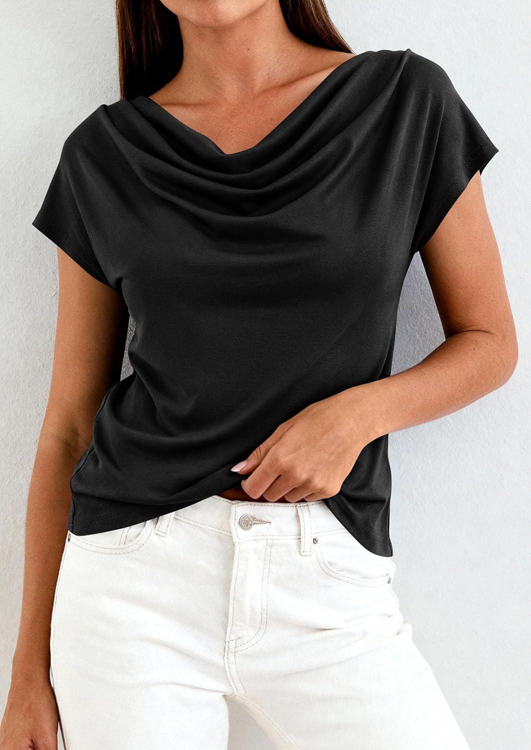 imagePRETTYGARDEN Womens Tops Dressy Casual Clothing 2026 Summer Cowl Neck Short Sleeve Blouses Spring Business Work Office ShirtsBlack