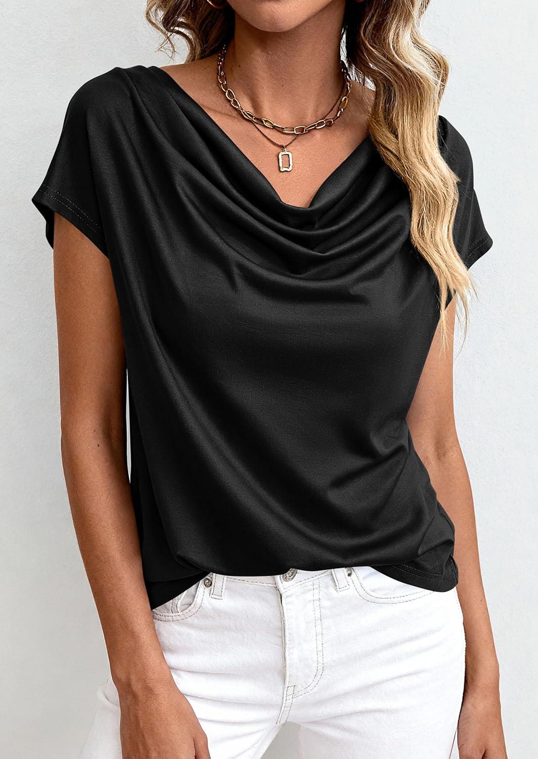 imagePRETTYGARDEN Womens Tops Dressy Casual Clothing 2026 Summer Cowl Neck Short Sleeve Blouses Spring Business Work Office ShirtsBlack
