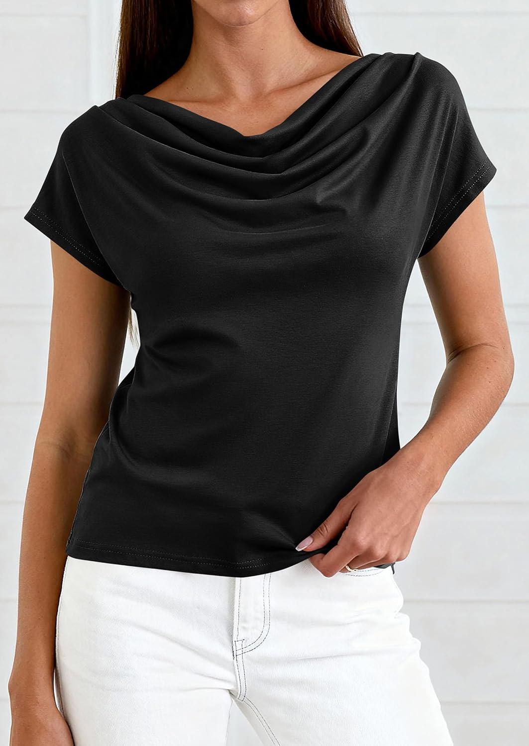 imagePRETTYGARDEN Womens Tops Dressy Casual Clothing 2026 Summer Cowl Neck Short Sleeve Blouses Spring Business Work Office ShirtsBlack