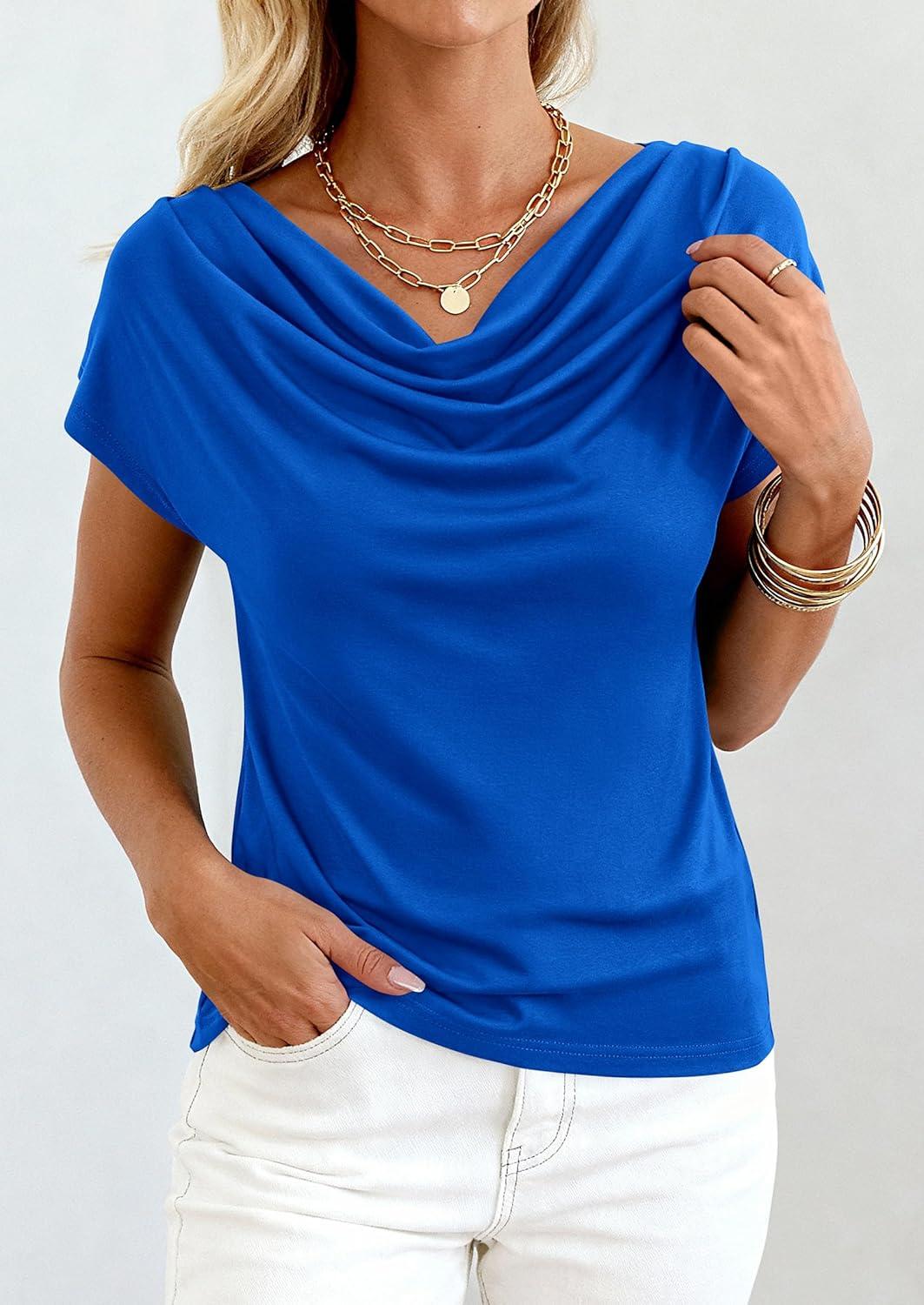 imagePRETTYGARDEN Womens Tops Dressy Casual Clothing 2026 Summer Cowl Neck Short Sleeve Blouses Spring Business Work Office ShirtsBlue