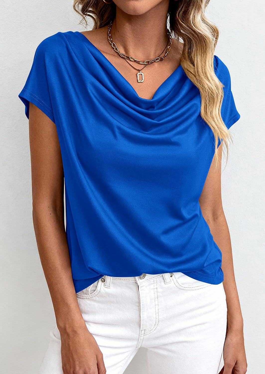 imagePRETTYGARDEN Womens Tops Dressy Casual Clothing 2026 Summer Cowl Neck Short Sleeve Blouses Spring Business Work Office ShirtsBlue