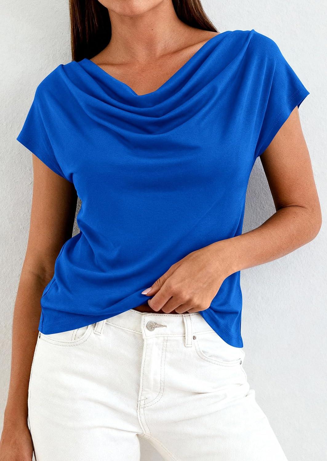 imagePRETTYGARDEN Womens Tops Dressy Casual Clothing 2026 Summer Cowl Neck Short Sleeve Blouses Spring Business Work Office ShirtsBlue