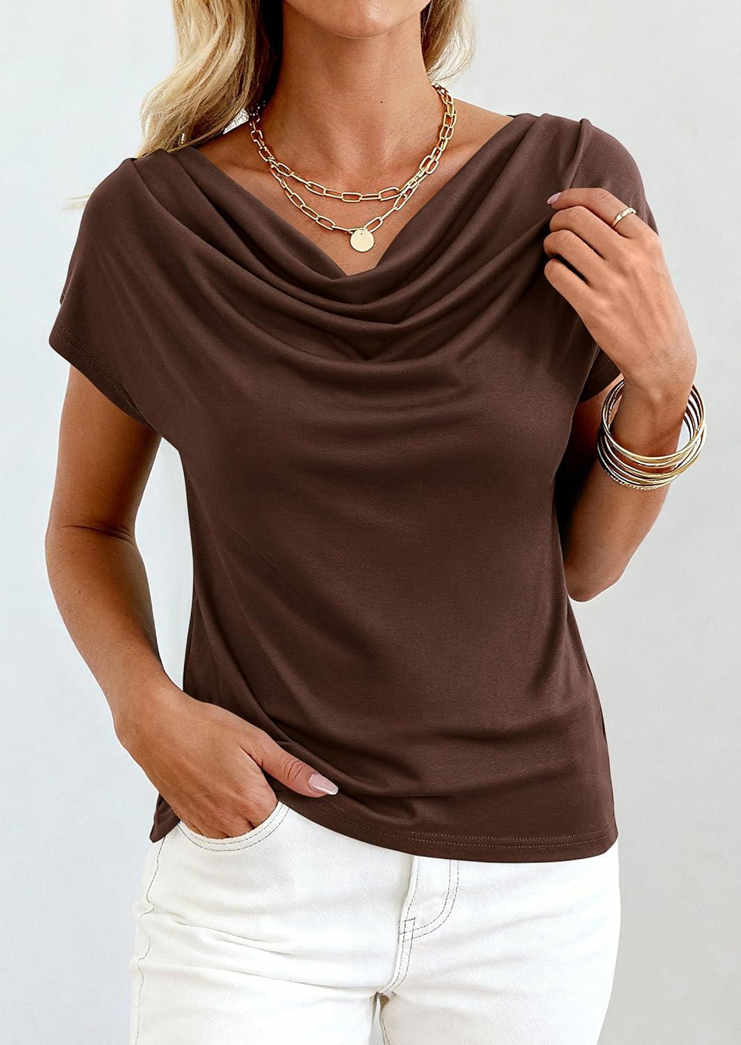 imagePRETTYGARDEN Womens Tops Dressy Casual Clothing 2026 Summer Cowl Neck Short Sleeve Blouses Spring Business Work Office ShirtsBrown