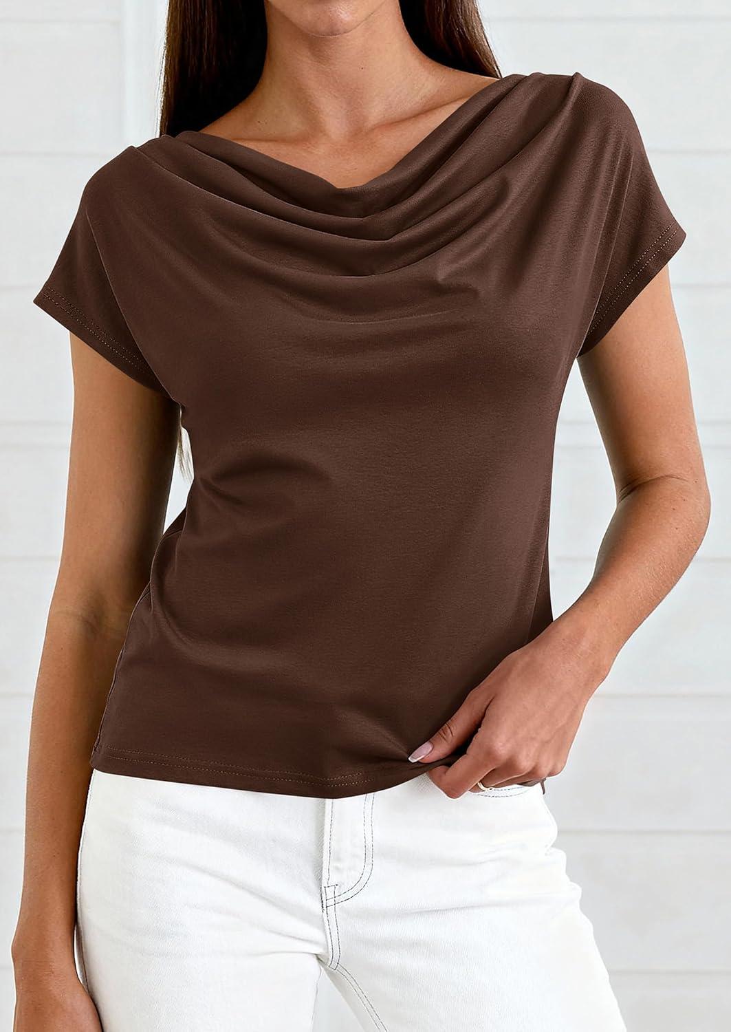 imagePRETTYGARDEN Womens Tops Dressy Casual Clothing 2026 Summer Cowl Neck Short Sleeve Blouses Spring Business Work Office ShirtsBrown