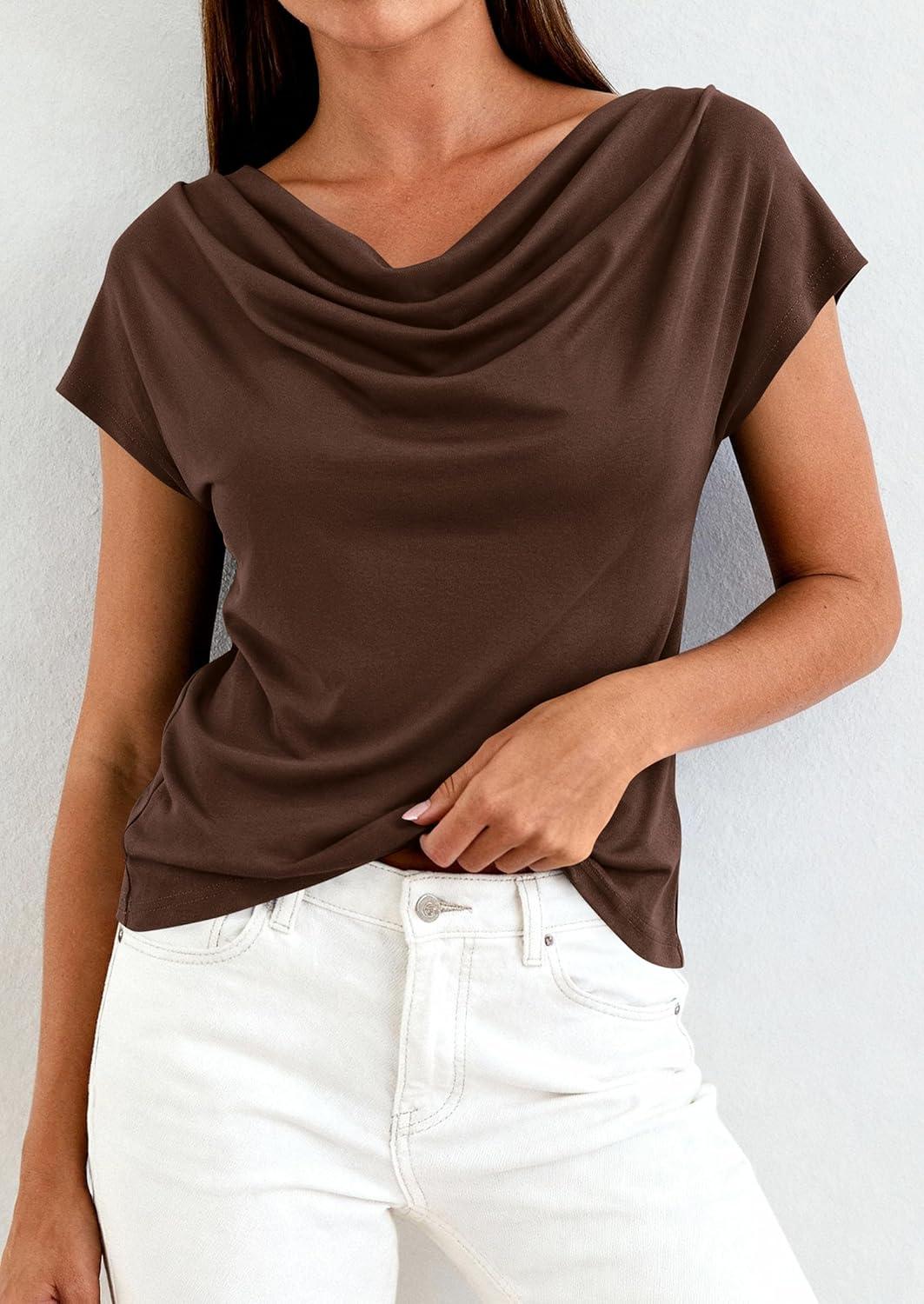 imagePRETTYGARDEN Womens Tops Dressy Casual Clothing 2026 Summer Cowl Neck Short Sleeve Blouses Spring Business Work Office ShirtsBrown