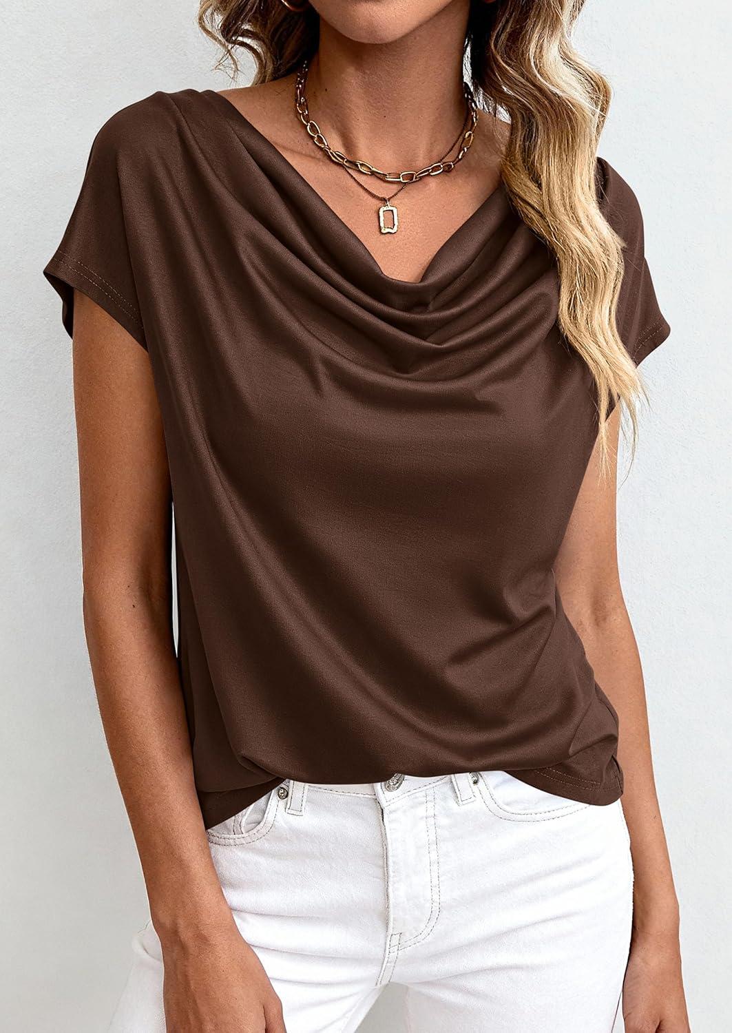 imagePRETTYGARDEN Womens Tops Dressy Casual Clothing 2026 Summer Cowl Neck Short Sleeve Blouses Spring Business Work Office ShirtsBrown