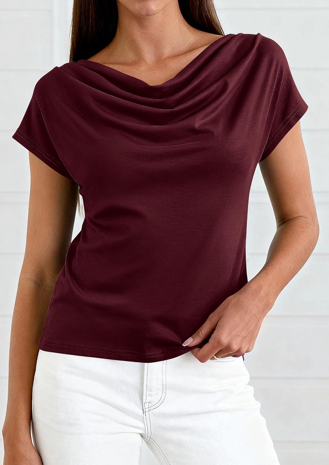 imagePRETTYGARDEN Womens Tops Dressy Casual Clothing 2026 Summer Cowl Neck Short Sleeve Blouses Spring Business Work Office ShirtsBurgundy