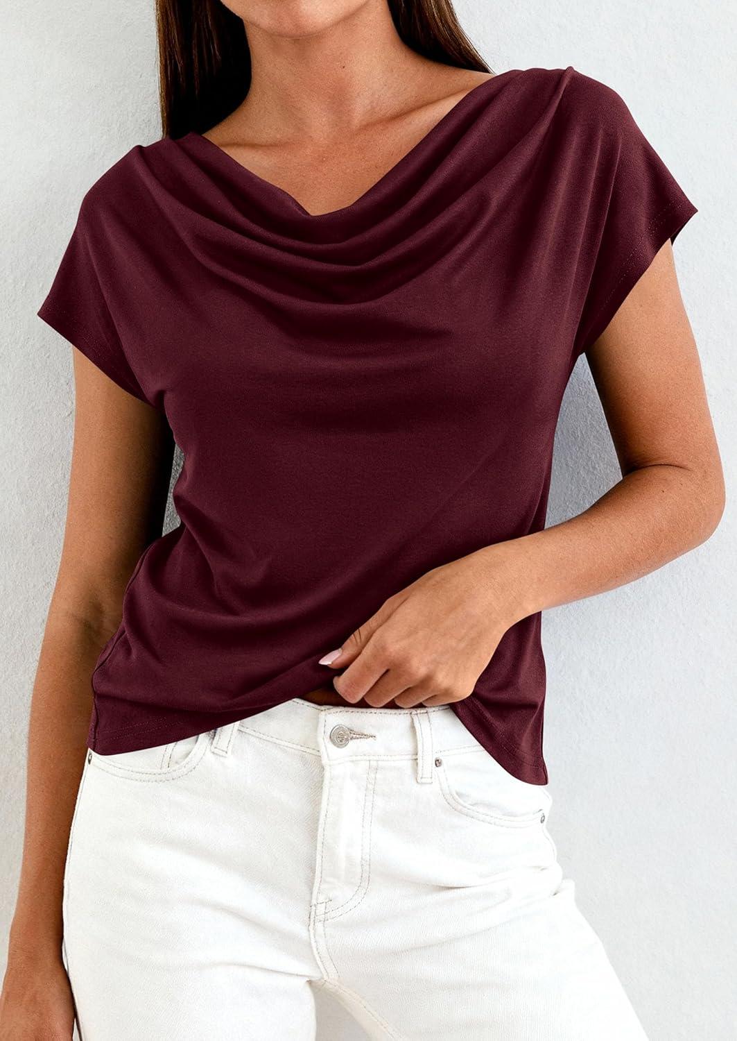 imagePRETTYGARDEN Womens Tops Dressy Casual Clothing 2026 Summer Cowl Neck Short Sleeve Blouses Spring Business Work Office ShirtsBurgundy