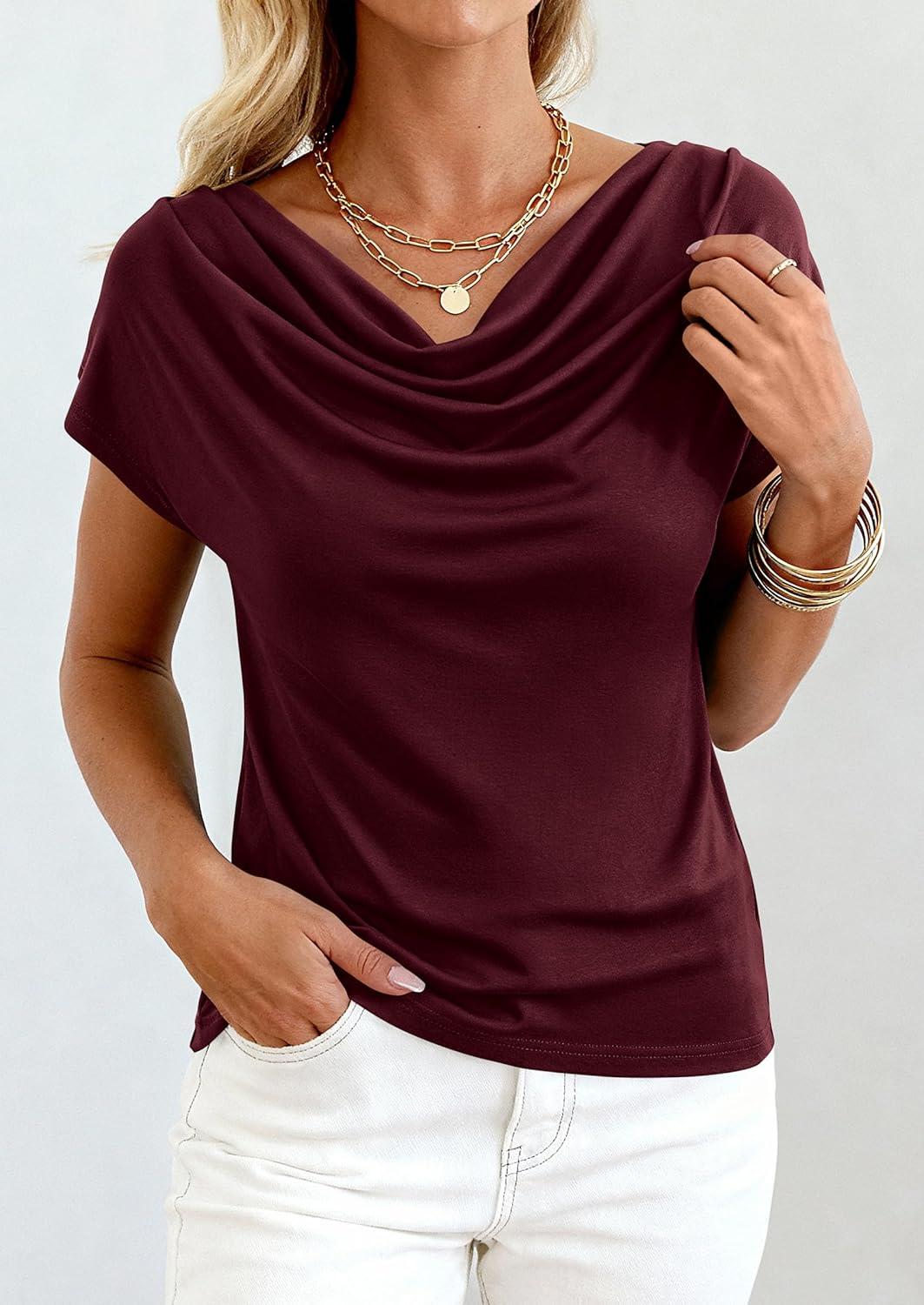 imagePRETTYGARDEN Womens Tops Dressy Casual Clothing 2026 Summer Cowl Neck Short Sleeve Blouses Spring Business Work Office ShirtsBurgundy