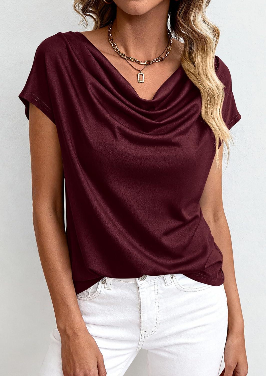 imagePRETTYGARDEN Womens Tops Dressy Casual Clothing 2026 Summer Cowl Neck Short Sleeve Blouses Spring Business Work Office ShirtsBurgundy