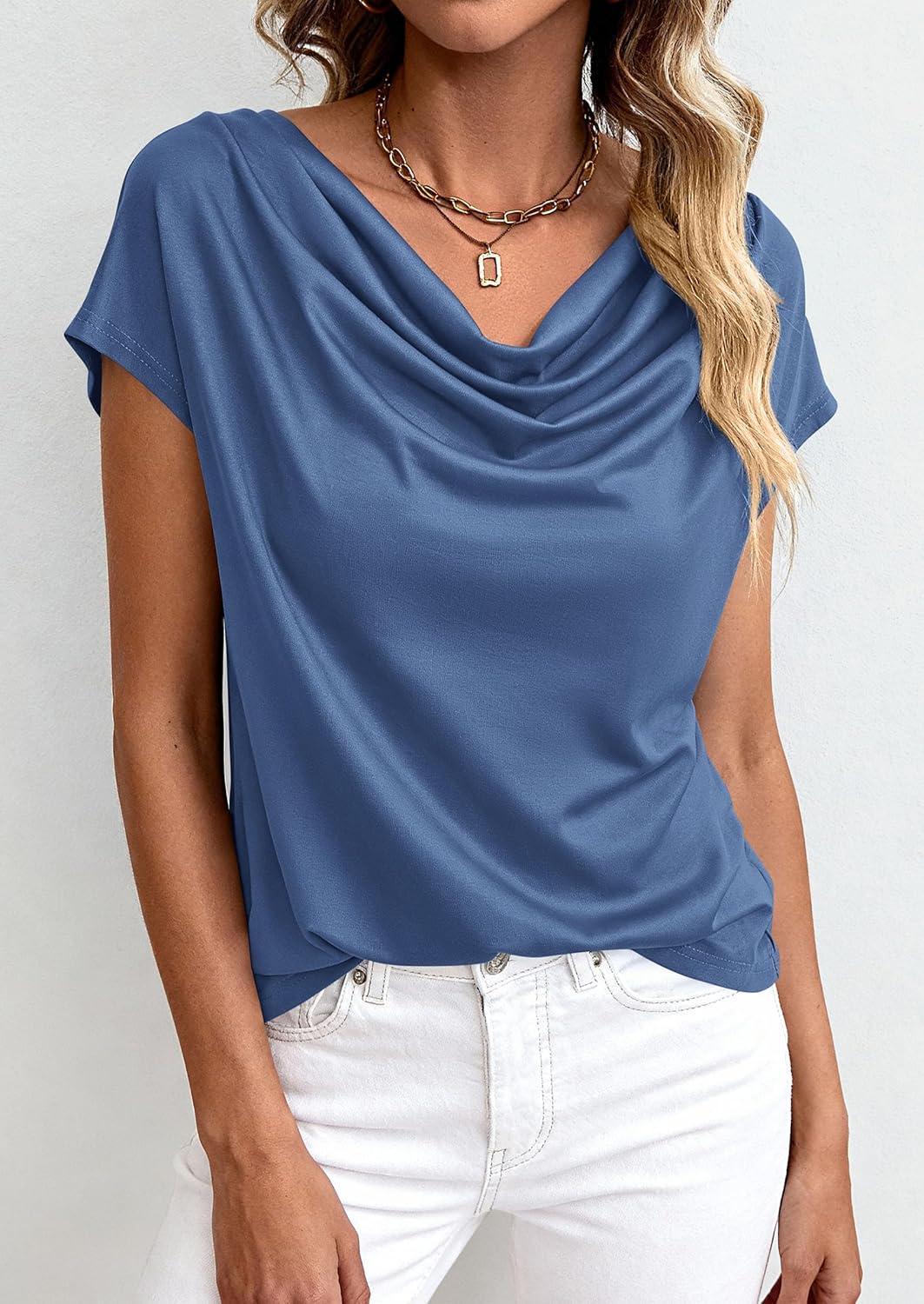 imagePRETTYGARDEN Womens Tops Dressy Casual Clothing 2026 Summer Cowl Neck Short Sleeve Blouses Spring Business Work Office ShirtsDark Blue