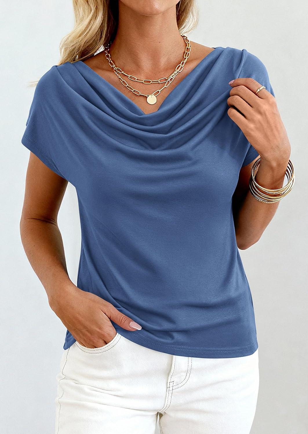 imagePRETTYGARDEN Womens Tops Dressy Casual Clothing 2026 Summer Cowl Neck Short Sleeve Blouses Spring Business Work Office ShirtsDark Blue