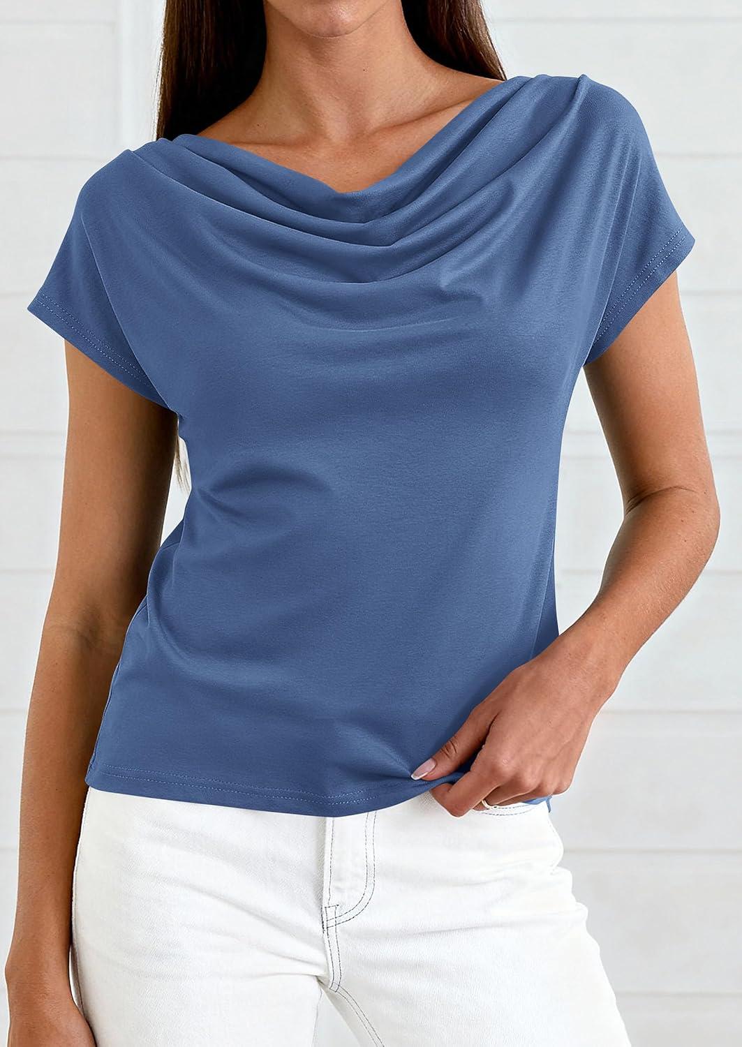 imagePRETTYGARDEN Womens Tops Dressy Casual Clothing 2026 Summer Cowl Neck Short Sleeve Blouses Spring Business Work Office ShirtsDark Blue