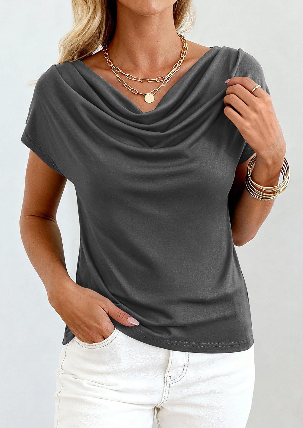 imagePRETTYGARDEN Womens Tops Dressy Casual Clothing 2026 Summer Cowl Neck Short Sleeve Blouses Spring Business Work Office ShirtsDark Grey
