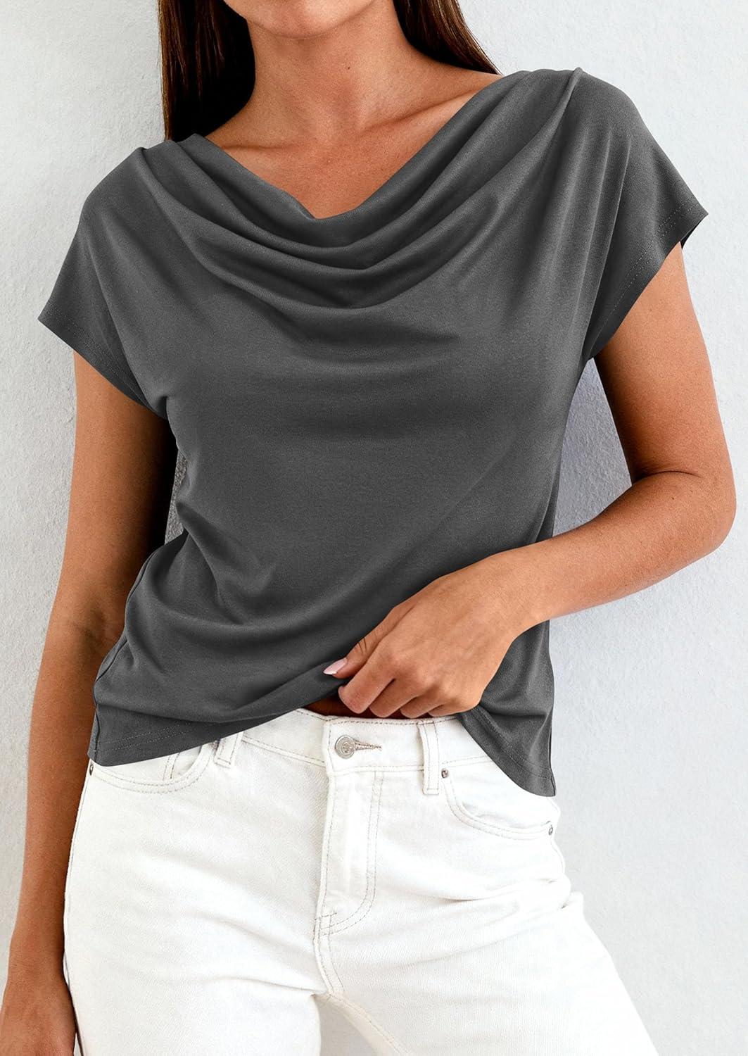 imagePRETTYGARDEN Womens Tops Dressy Casual Clothing 2026 Summer Cowl Neck Short Sleeve Blouses Spring Business Work Office ShirtsDark Grey