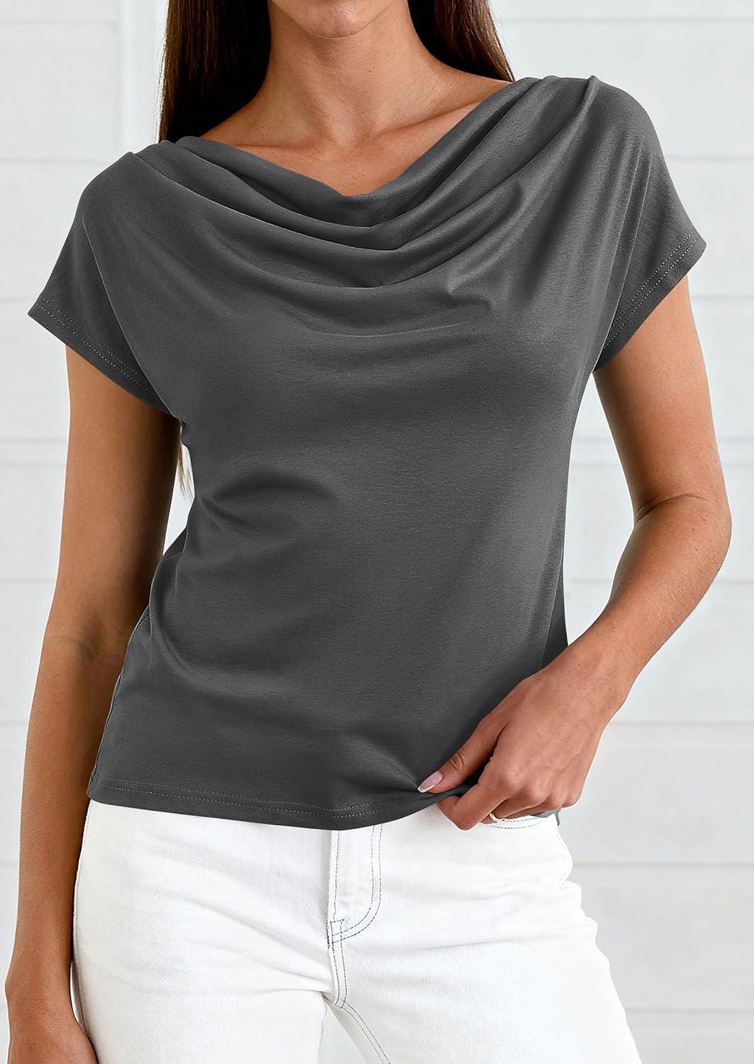imagePRETTYGARDEN Womens Tops Dressy Casual Clothing 2026 Summer Cowl Neck Short Sleeve Blouses Spring Business Work Office ShirtsDark Grey